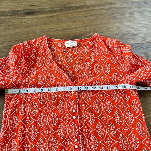 Sezane Antika Blouse Ecru On Coral 38 Fr US 6 Embroidered Button V-Neck Eyelet - Picture 8 of 11